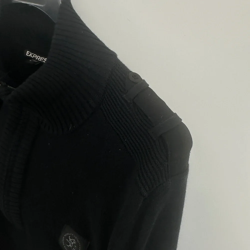 Express Quarter Zip Sweater Mens Large Black Slim Fit Military Style Ribbed NWT